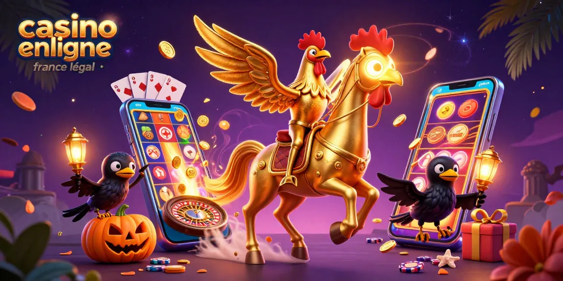 Illustration dynamique de jeux avec casino en ligne France légal, mettant en scène un coq doré et des éléments de jeux