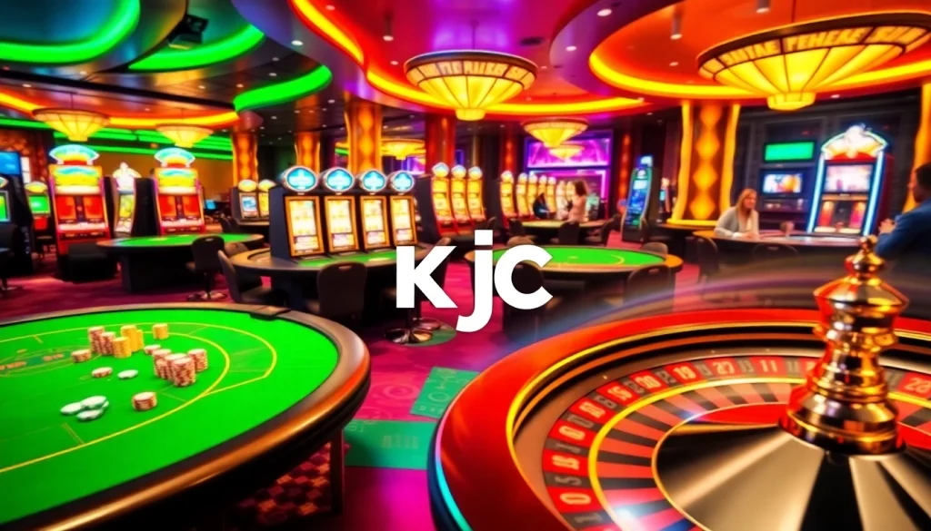 KJC AC 1 casino scene capturing the excitement with players at tables, slot machines, and roulette wheel.