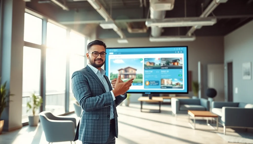 Engaging real estate agent presenting property listings in a bright office environment.