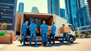 Efficient team of a Toronto moving company loading furniture onto a truck in an urban setting.