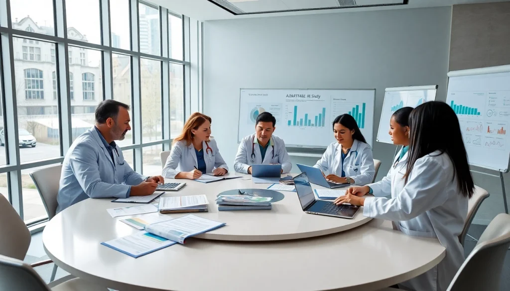 Researchers collaborating and reviewing data on the ADAPTABLE Aspirin Study in a modern setting.