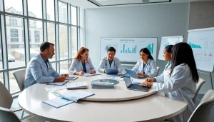 Researchers collaborating and reviewing data on the ADAPTABLE Aspirin Study in a modern setting.