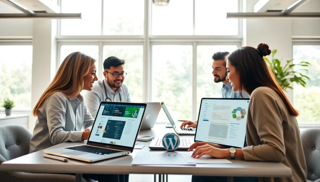 Engaging team collaborating on wordpress services in a modern workspace, highlighting creativity and focus.