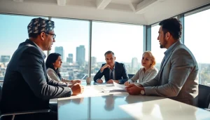 Financial advisor San Antonio discussing financial plans with diverse clients in a modern office.
