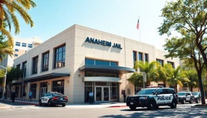 Visit the Anaheim Jail police station with its prominent architecture and welcoming street atmosphere.
