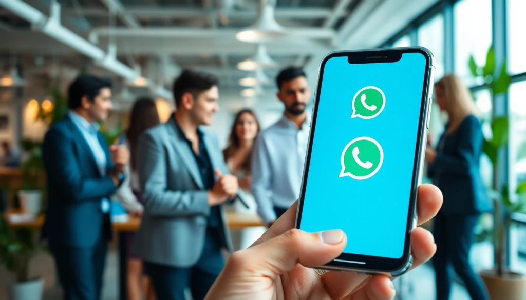 Illustration of WhatsApp API facilitating business communication on a smartphone with diverse professionals.