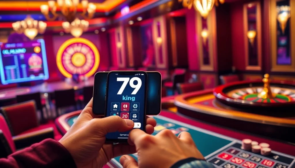 The 79king app displayed on a smartphone enhances gambling excitement in a vibrant casino setting.