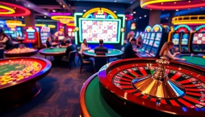 Vibrant casino scene showcasing KJC AC 2 with poker tables, slot machines, and excited players.