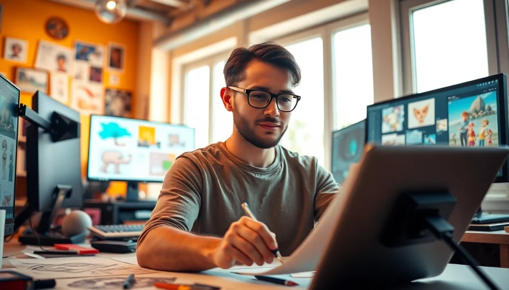 Showcasing the creative process at https://www.trilgameshproject.com, a digital artist immersed in vibrant design.