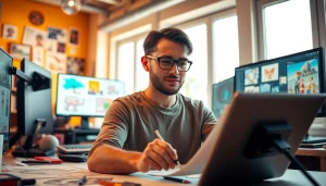 Showcasing the creative process at https://www.trilgameshproject.com, a digital artist immersed in vibrant design.