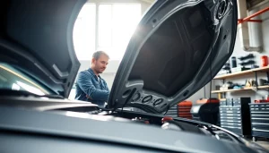 Auto reparatur kurzfristig berlin: Ein Mechaniker inspiziert ein Auto in einer hellen Werkstatt.