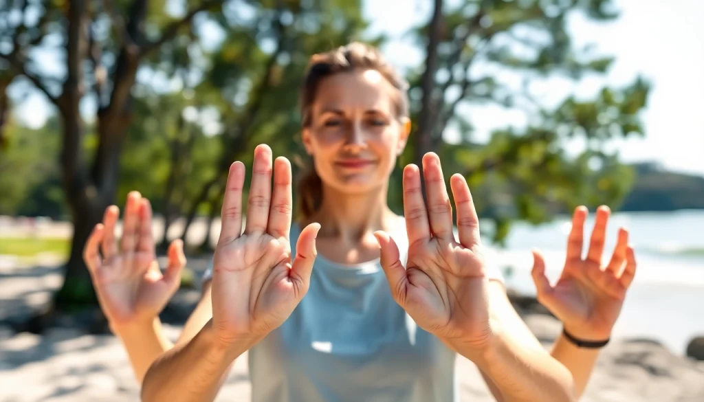 Practitioner using yoga mudras to enhance energy flow and mindfulness in a serene outdoor setting.