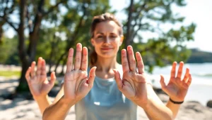 Practitioner using yoga mudras to enhance energy flow and mindfulness in a serene outdoor setting.