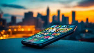 Showcasing the best sports betting apps in India on a smartphone against a dynamic urban sunset backdrop.