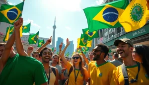 Explore best sportsbooks in Brazil with vibrant sports betting scene celebrating with flags and iconic landmarks.