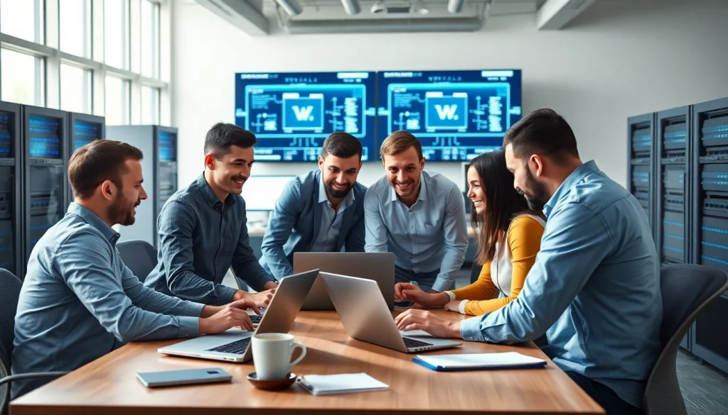 Enhancing virtualization Fredericksburg with a professional IT team working collaboratively in a high-tech environment.