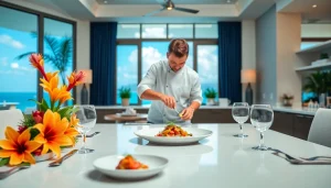 Engaging private chef Sint Maarten preparing gourmet dish in elegant villa kitchen.