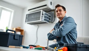 Technician servicing a unit from https://nobleheatingairservices.com in a bright residential room.