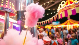 Verleidelijke wafel katoen geserveerd naast een kleurrijke suikerspinmachine.