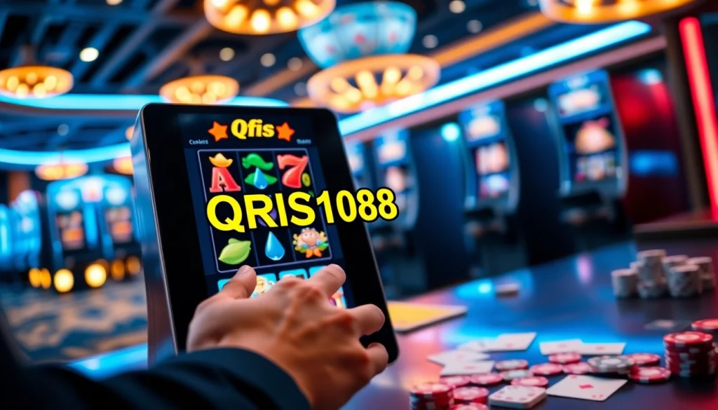 Menghadapi slot virtual QRIS108 Slot dengan antusiasme di latar belakang kasino yang cerah.