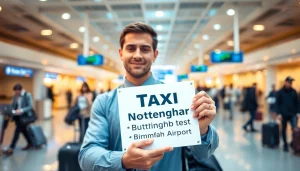 Taxi Nottingham to Birmingham Airport driver ready to assist passengers in a busy airport terminal.