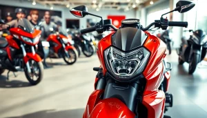 Verkaufe motorrad fröhlich in einem ansprechenden Motorradausstellungsraum mit glänzenden Modellen.