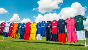 Showcasing diverse football kits on a grassy field, celebrating team spirit and colors.