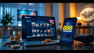 Engaging 888 new online casino interface with laptop and smartphone in a modern setting that ensures user trust and entertainment.
