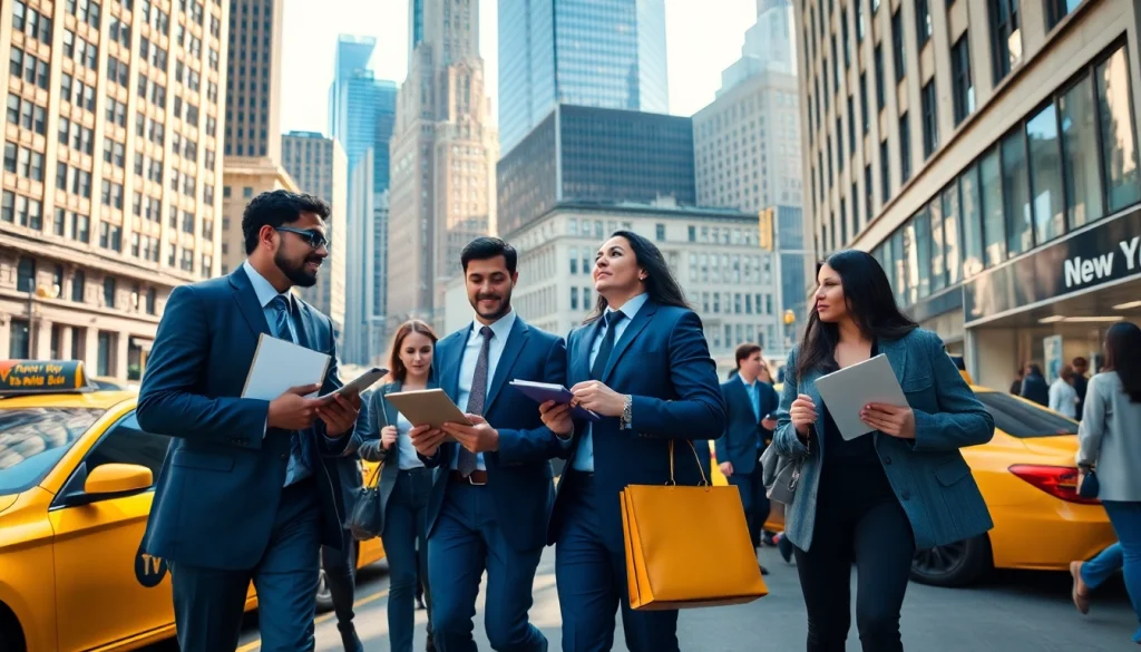 Engaged job seekers pursuing jobs new york in a vibrant cityscape, showcasing diversity and opportunity.