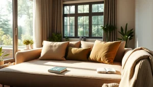 Relaxing sofa bed in a contemporary living room, showcasing inviting design and cozy ambiance.