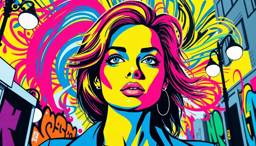 Stylish pop art canvas portraying a vibrant portrait of a woman with graffiti backdrop.