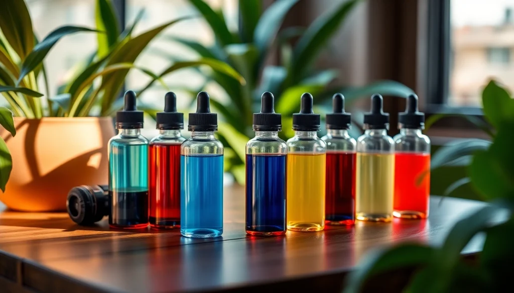 Flüssigkeiten mit verschiedenen Geschmacksrichtungen in ästhetischen Flaschen zur Auswahl.