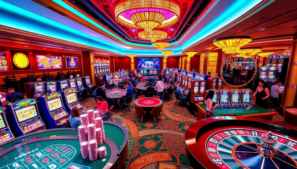 Experience the vibrant gambling world of KJC AC 1 with players enjoying casino tables and slot machines.