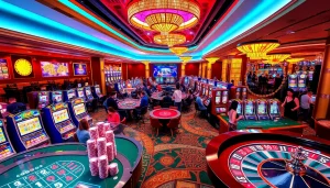 Experience the vibrant gambling world of KJC AC 1 with players enjoying casino tables and slot machines.