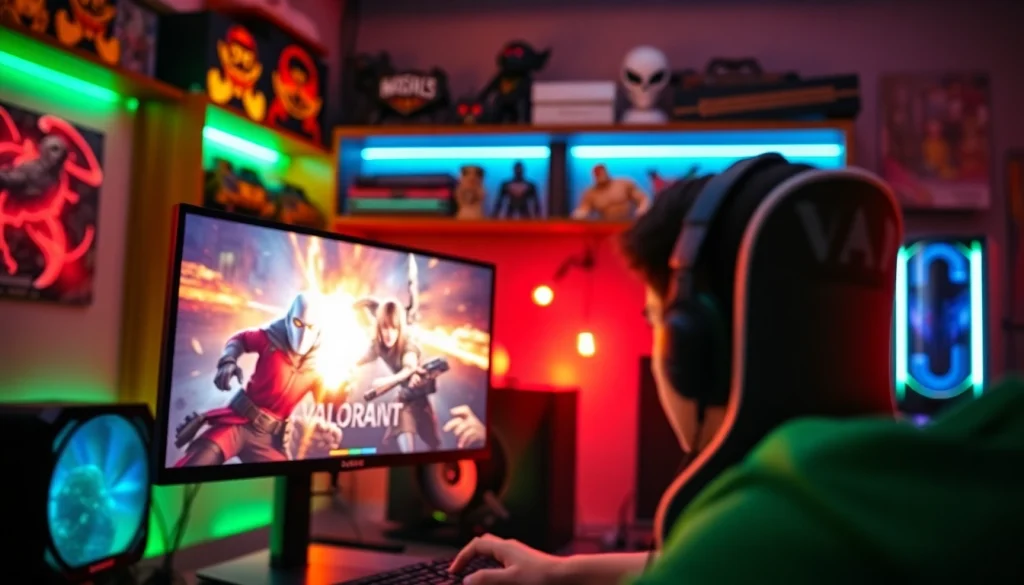 A gamer engaged in a thrilling Valorant download experience, focused on dynamic gameplay in a vibrant setting.