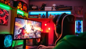 A gamer engaged in a thrilling Valorant download experience, focused on dynamic gameplay in a vibrant setting.