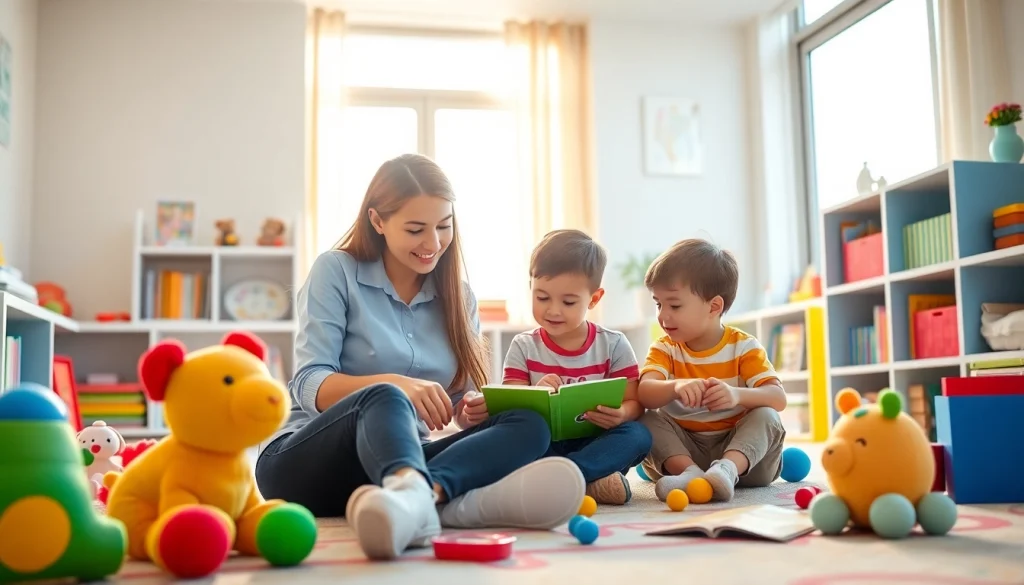 Nanny Abu Dhabi engaging with children in a colorful and nurturing playroom
