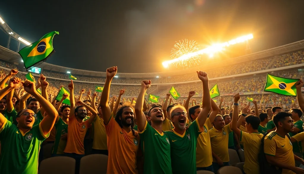 Excited fans in a Brazilian stadium celebrating sports betting in Brazil amidst vibrant colors and fireworks.