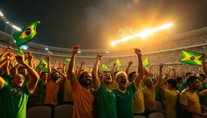Excited fans in a Brazilian stadium celebrating sports betting in Brazil amidst vibrant colors and fireworks.
