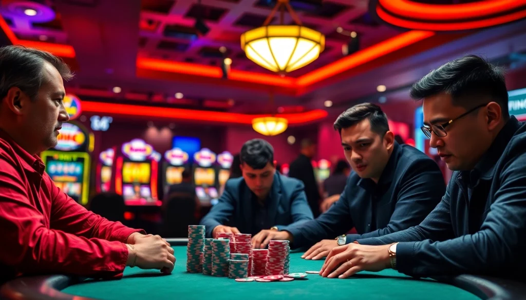 Menikmati permainan Domino88 poker game dengan pemain penuh konsentrasi dan suasana kasino yang meriah.