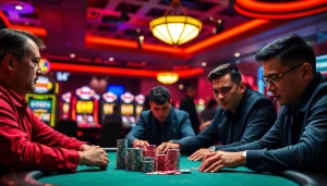 Menikmati permainan Domino88 poker game dengan pemain penuh konsentrasi dan suasana kasino yang meriah.