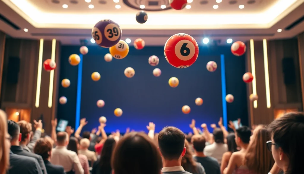 Menggambarkan suasana lotere di diantogel dengan bola berk warna-warni dan penonton yang antusias.