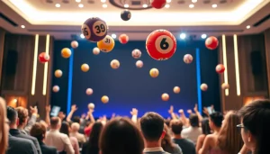 Menggambarkan suasana lotere di diantogel dengan bola berk warna-warni dan penonton yang antusias.