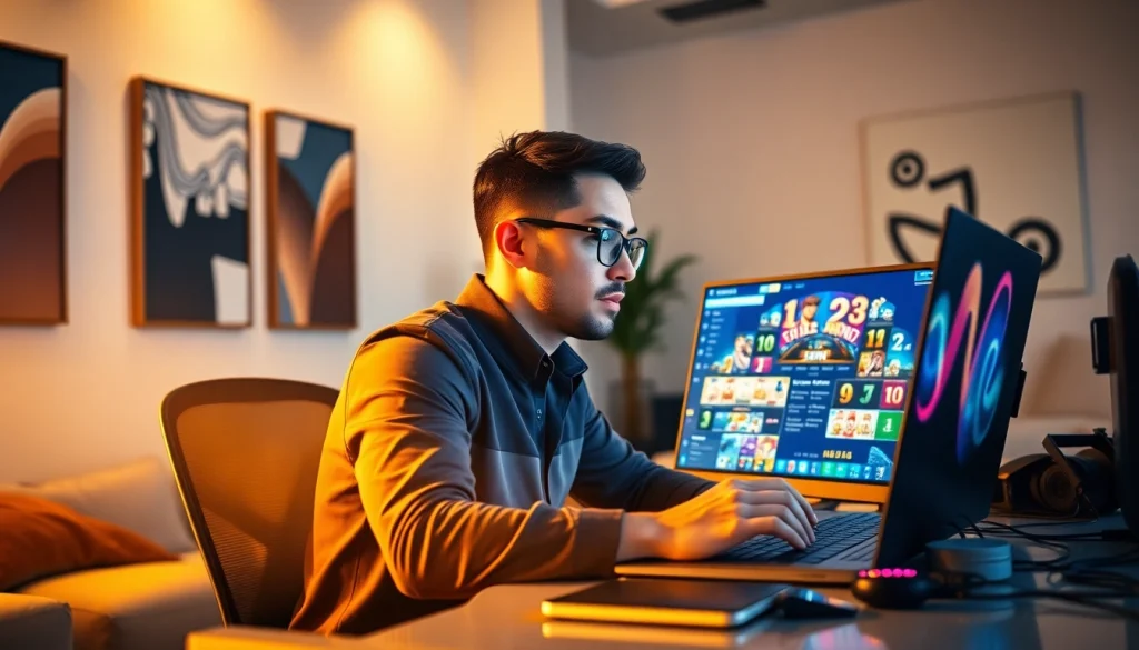 Experience new88 online gaming with a focused professional gambler at their modern desk.