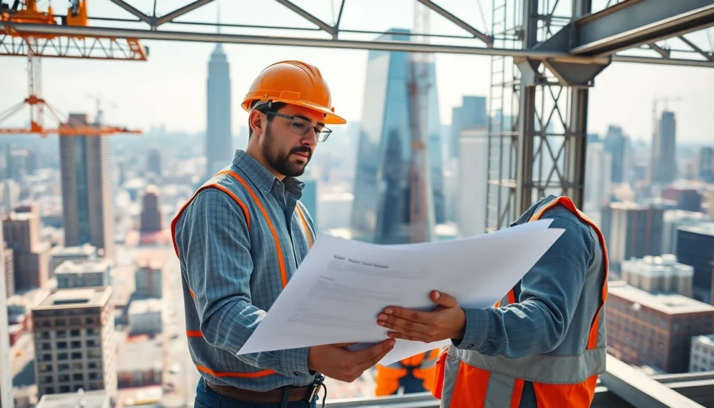 New York City General Contractor supervising construction with urban skyline backdrop.