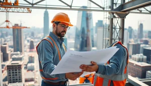 New York City General Contractor supervising construction with urban skyline backdrop.