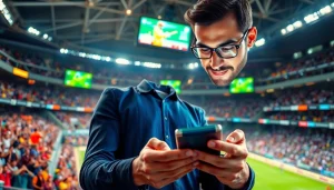 Engaging user exploring the best sports betting apps in India amidst vibrant sports events.