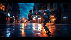 Martial Arts Thriller featuring an intense combat scene in an urban environment.