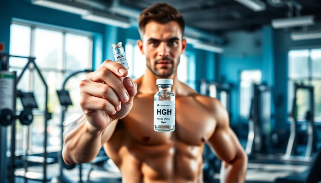 Highlighting HGH FOR SALE, an athlete showcases a vial in a modern gym.