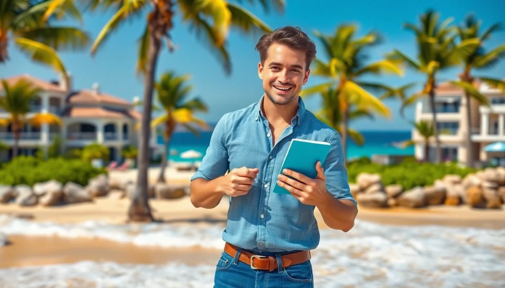 Cabo San Lucas real estate properties showcased by a professional agent against a stunning beach backdrop.
